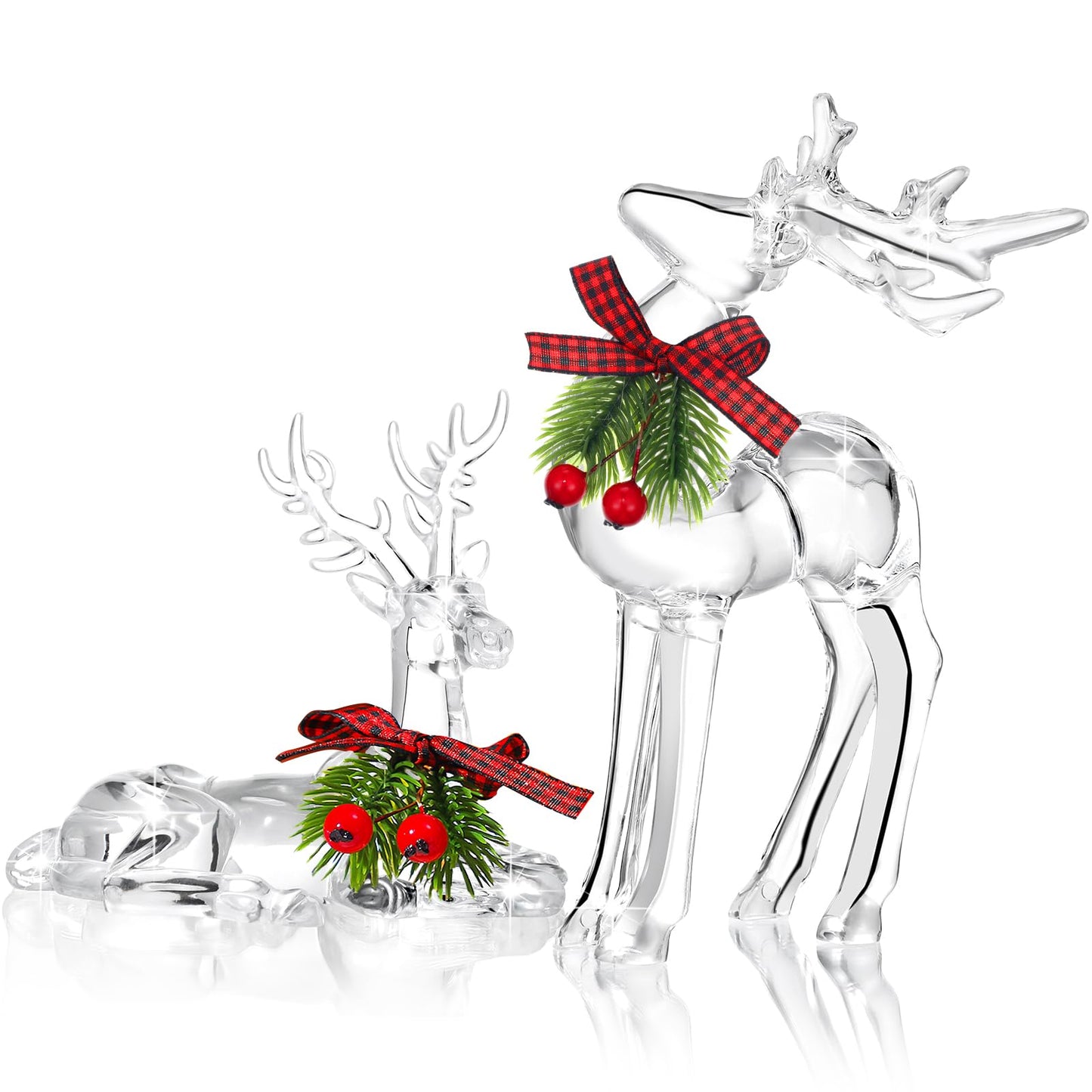 Bucherry 2 Pcs Christmas Reindeer Figurines Decoration Acrylic Deer Decor Christmas Holiday Reindeer Figurine Statues with Red Berries Bow Home Xmas Deer Decor Holiday Party Supplies(Classic Style)
