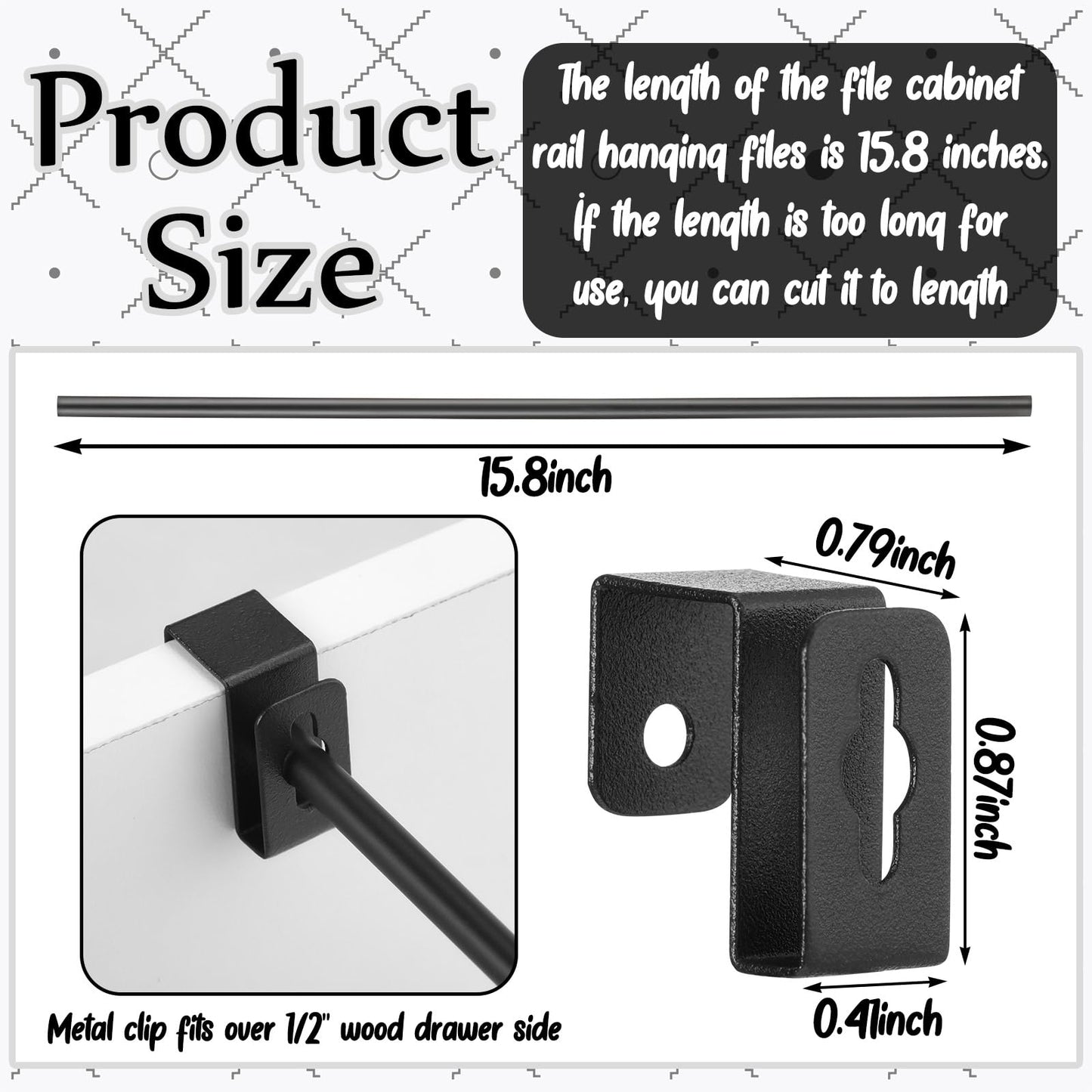 Trandraft 4 Set 12 Pcs Black Metal Hanging File Bracket Clips 8 Hanging Rail Clip 4 File Cabinet Rails Fits 1/2 Drawer Side Document Folder Frame Document Hangers for Cabinets Storage