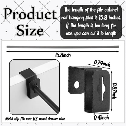 Trandraft 4 Set 12 Pcs Black Metal Hanging File Bracket Clips 8 Hanging Rail Clip 4 File Cabinet Rails Fits 1/2 Drawer Side Document Folder Frame Document Hangers for Cabinets Storage