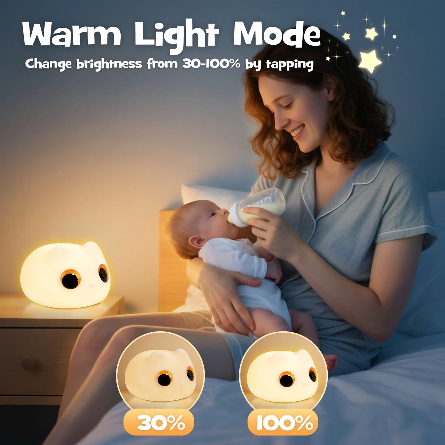 Squishy Cat Night Light 2 Brightness Adjustable Cute Big Eyes Kitty Light with 20mins Timer Nursery Breastfeeding Nightlight Rechargeable Silicone Touch Bedside Animal Lamp for Home Bedroom Dorm Decor