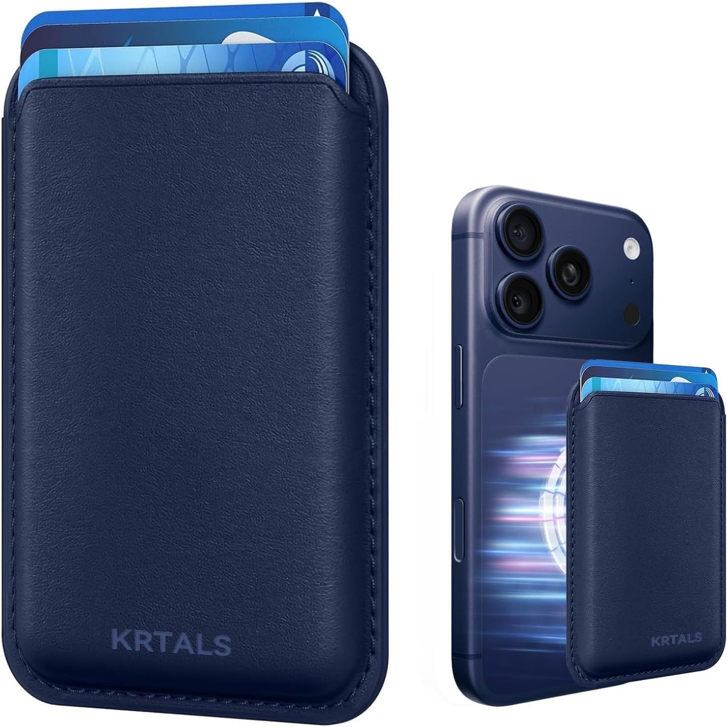 KRTALS Magnetic Wallet Cell Phone Card Holder for Phone Case with Mag-Safe, Stronger Magnetic RFID Leather Phone Wallet Stick on Series of iPhone 17/16/15/14/13/12 and Pro/Promax,Indigo Blue