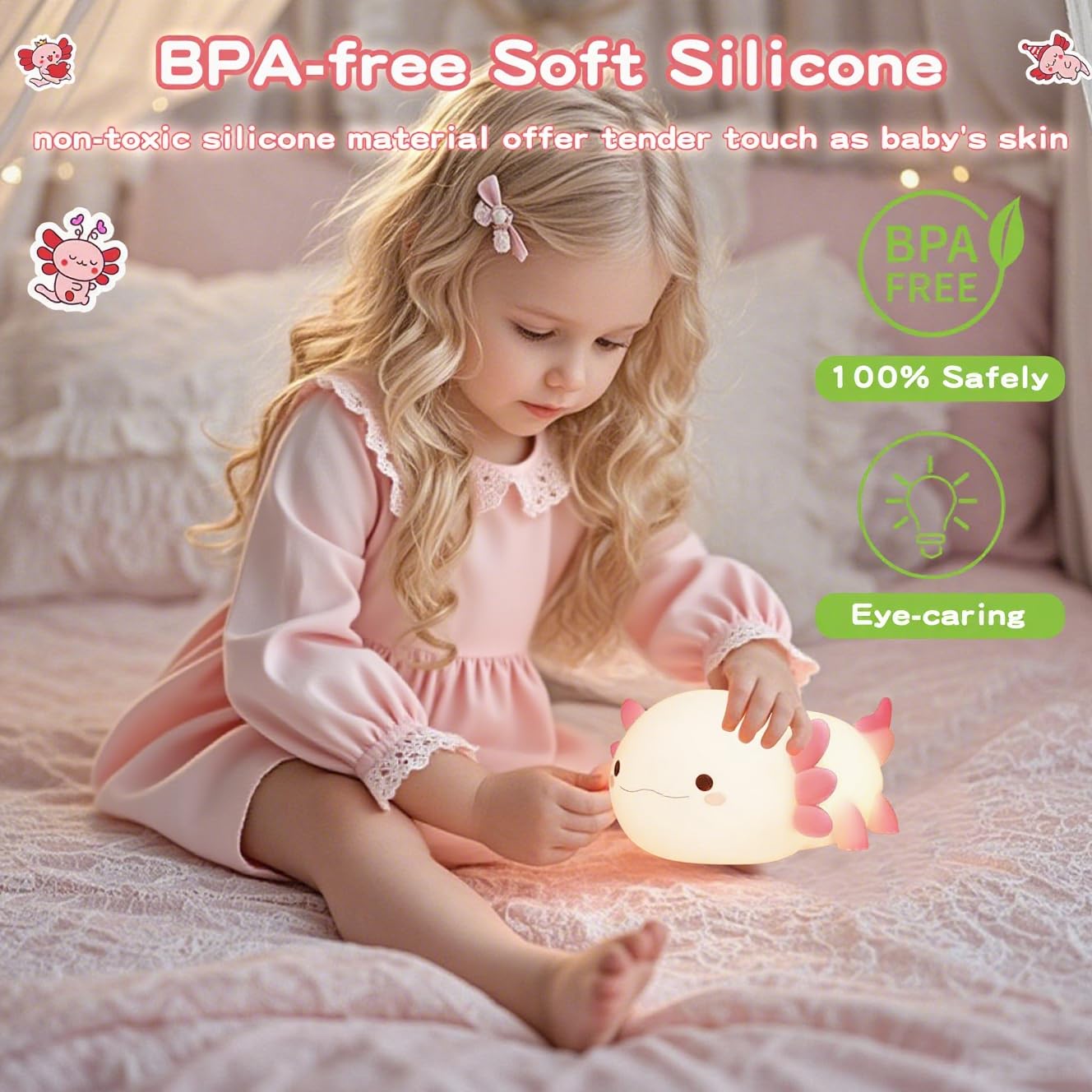 FAMIDUO Axolotl Lamp,Cute Axolotl Night Light,Dimmable Silicone Animal Nursery Night Light,Adorable Rechargeable Squishy Novelty Bedside Touch Lamp,Baby Room Decor, Axolotl Gifts for Kids/Girls