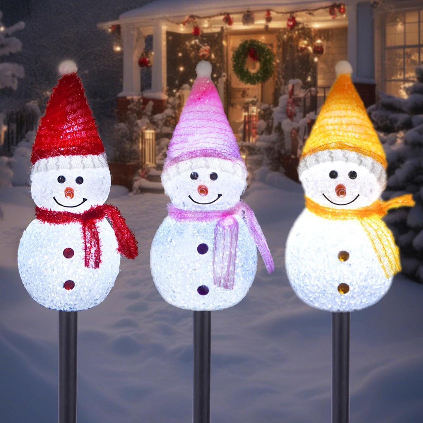 TAILERRI Solar Christmas Pathway Lights Outdoor Decorations, Set of 3 LED Snowman Stake Lights, Waterproof Walkway Landscape Light for Yard, Garden, Winter Decor (Red/Pink/Yellow Snowman, 3-Pack)