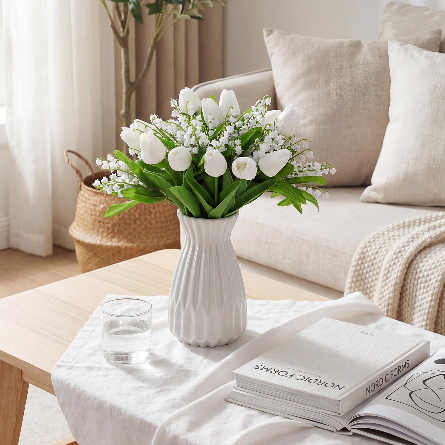 Hoteam 24 Pcs Artificial Lily of The Valley, Lifelike PU Faux Tulips, Fake Flowers Bouquet Floral Arrangements for Spring Home Decor, Spring Centerpiece, Wedding Bridal Party (White & Green)