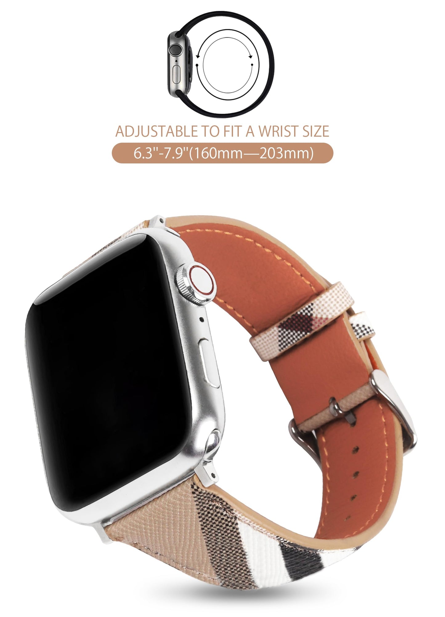 Designer Watch Band for Women Compatible with Apple Watch Bands 45mm 44mm 42mm, Luxury Leather Classic Beige Plaid Watch Band Compatible for iWatch Series 10/9/8/7/6/5/4/3/2/1/SE