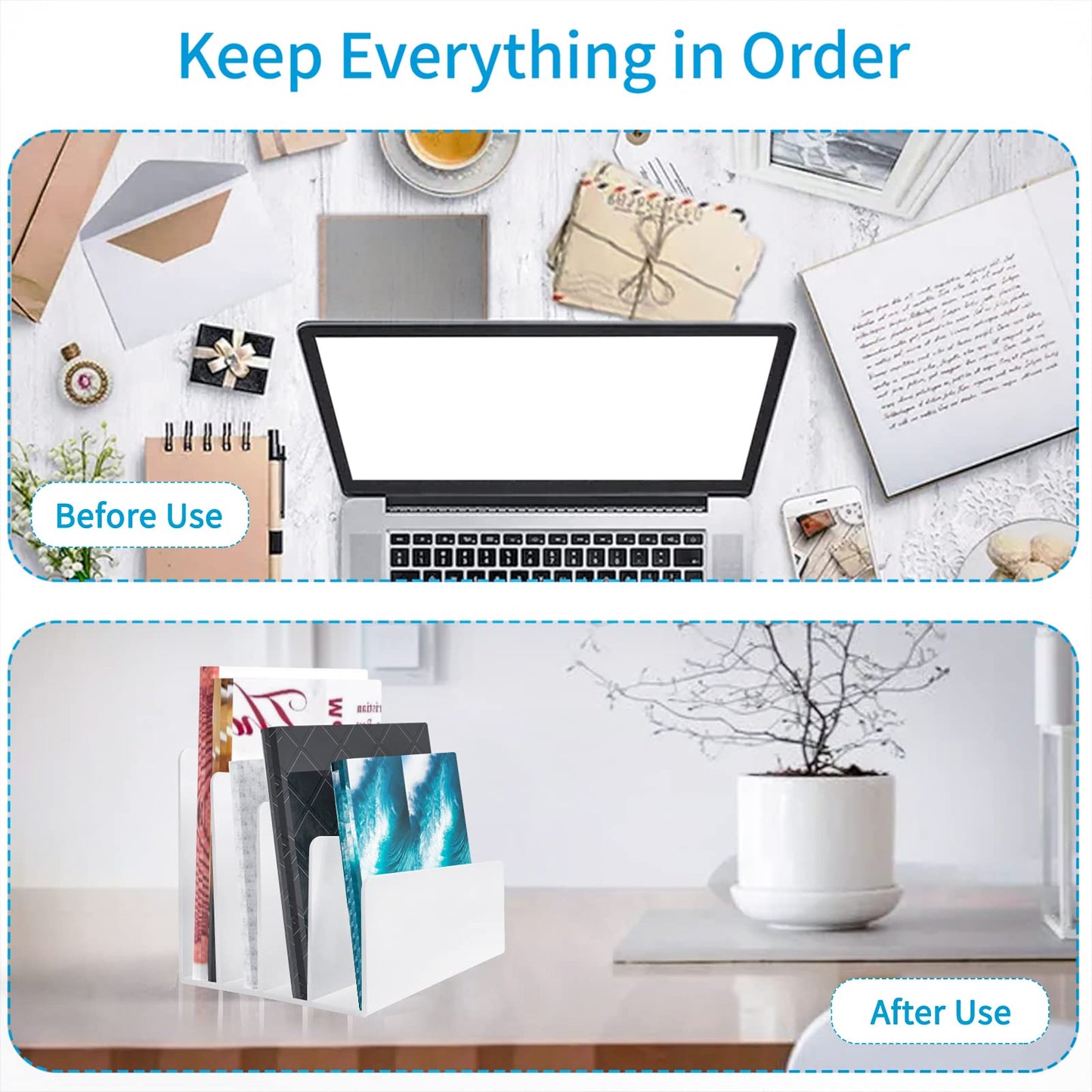 Carooyac White Acrylic File Organizer - 4 Sections Desk Holder Sorter for Office Supplies, Electronics, Notebooks and Mail