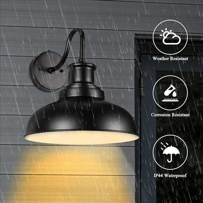 Dusk to Dawn Outdoor Gooseneck Barn Light Outdoor Wall Sconce Farmhouse Exterior Wall Mount Light Vintage Outside Wall Lighting Fixture Industrial Black White Lantern for Porch Garage,1 Pack