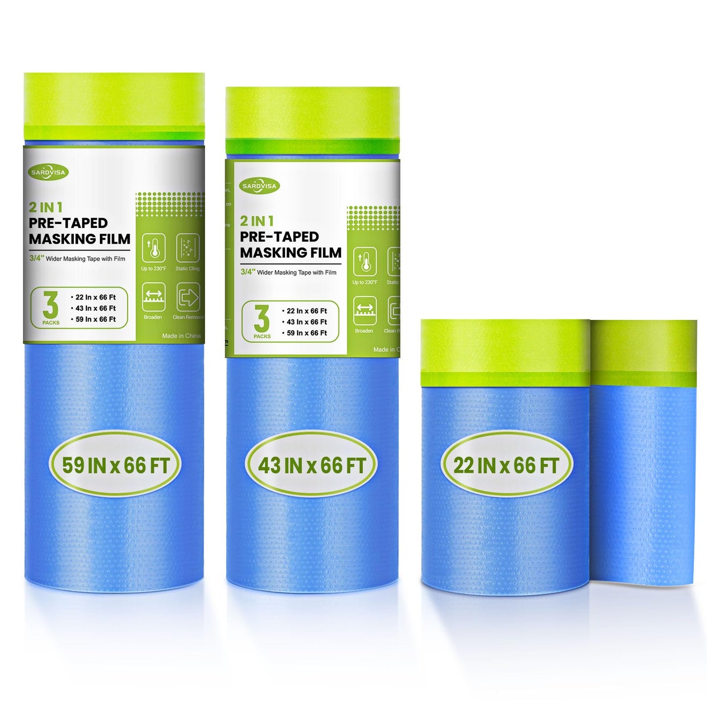 SARDVISA Pre-Taped Masking Film for Painting, 59/43/ 22 in * 66 FT, 3-Rolls Painters Plastic Sheeting with Widened Paint Tape and Drape for Covering Walls, Windows, Cars & Furniture Protection