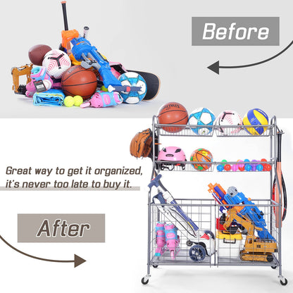 WEYIMILA Ball Organizer for Garage, Steel Sport Equipment Organizer with Baseball Bat Holder and Hooks, Easy Assembly Storage for Balls, Kids' Toys, and Workout Gear in Basement, Home Gym, Outdoor