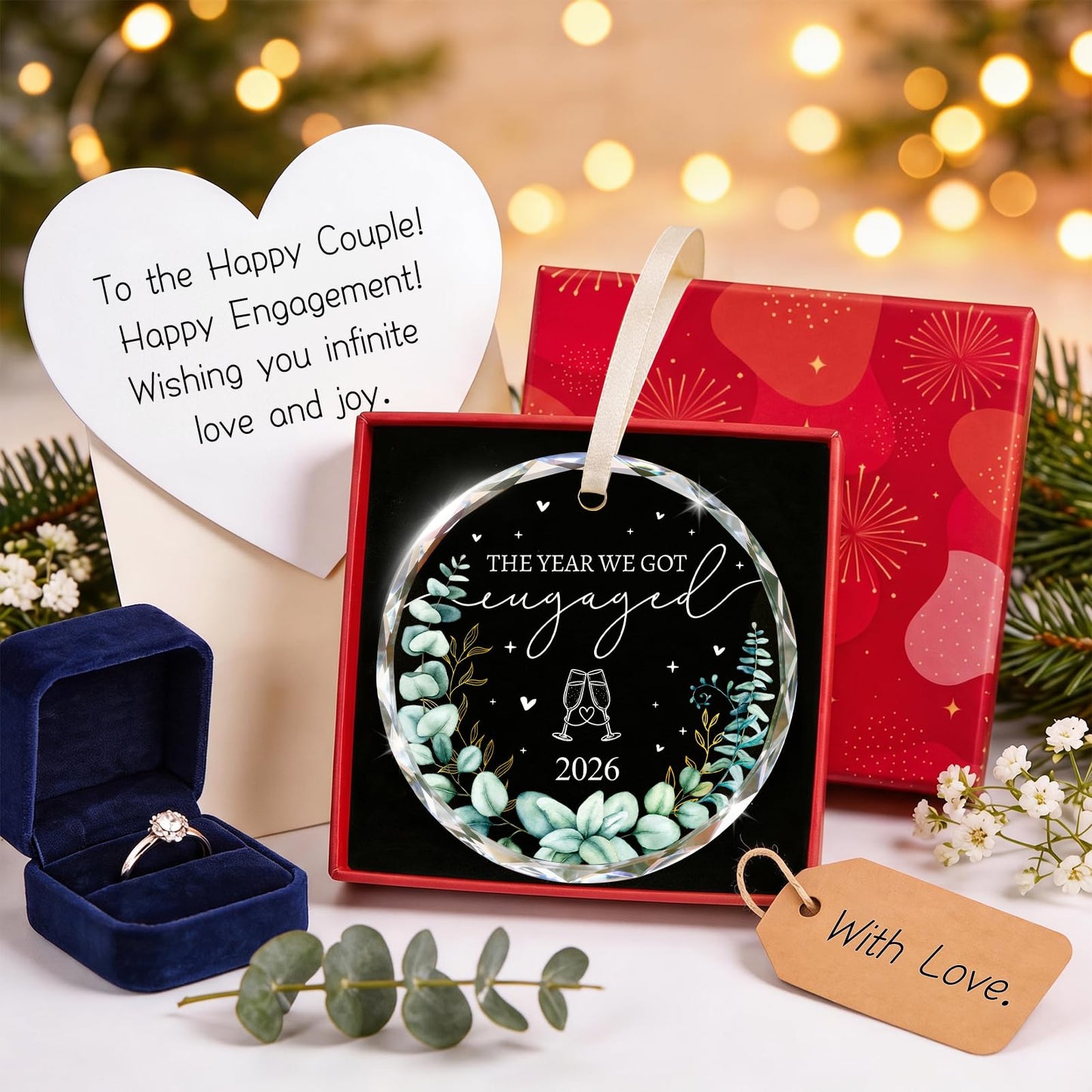 Engagement Gifts for Couples - Crystal Glass 2026 Engagement Ornament, Newly Engaged Gifts for Women, Her - Bride to Be Gift, Fiance Gifts - Engaged Christmas Party Decorations