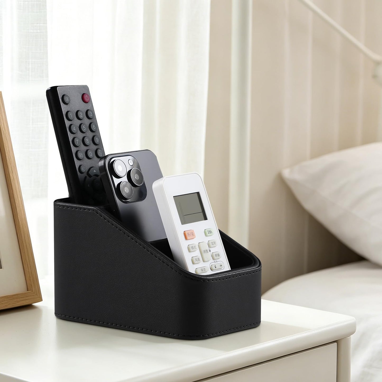 NICLNGSH PU Leather Remote Control Holder, Small Desk Organizer Office Supply Bedside Caddy for Nightstand End Table Couch, Pen Remote Organizer with 3 Compartments (Black)