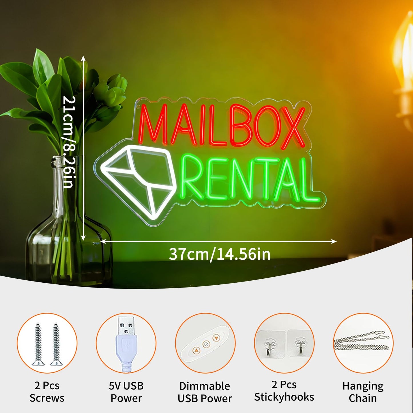 Mailbox Rental LED Neon Sign - USB Powered Dimmable Neon Light Business Sign for Post Office Coworking Space Small Business Shipping Store Office Front Wall Decor 14.5 x 9.3 In