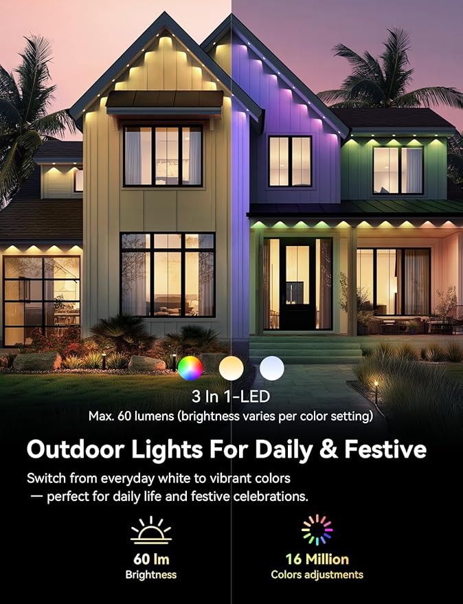 Permanent Outdoor Lights for Halloween, RGB+IC Smart Outdoor Lights for House, 150ft with 75 LED, IP67 Waterproof LED Lights for Halloween Christmas Decorations, Work with Remote, APP