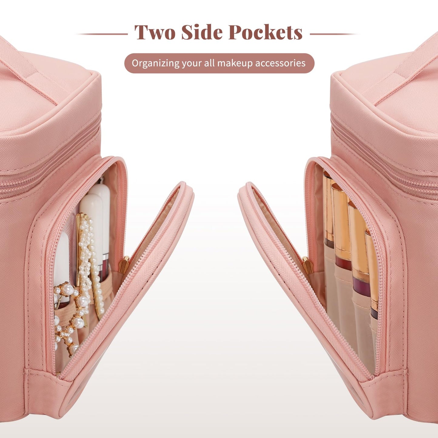 Large Makeup Bag with LED Mirror, Travel Makeup Bag Organizer for Women Girls with Makeup Brush Compartment & Two Side Pockets, 3 Color Lights Cosmetic Toiletry Bag- Leather Pink