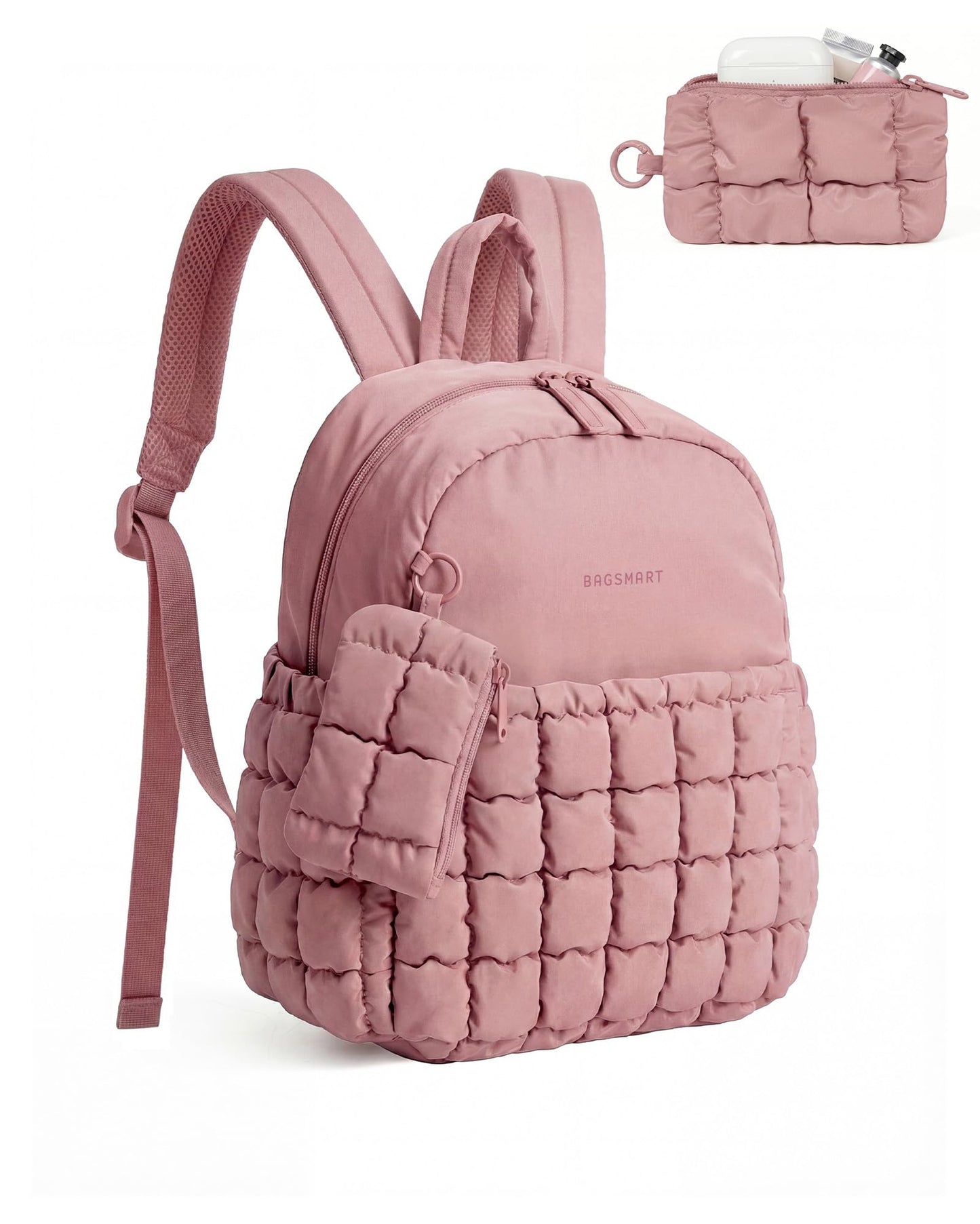 BAGSMART Mini Backpacks for Women, Puffy Checkered Quilted Small Backpack with Pouch, Lightweight Daypack Purse, Water-Resistant Bookbag for Daily Travel College, 2-in-1 Set, Dark Pink