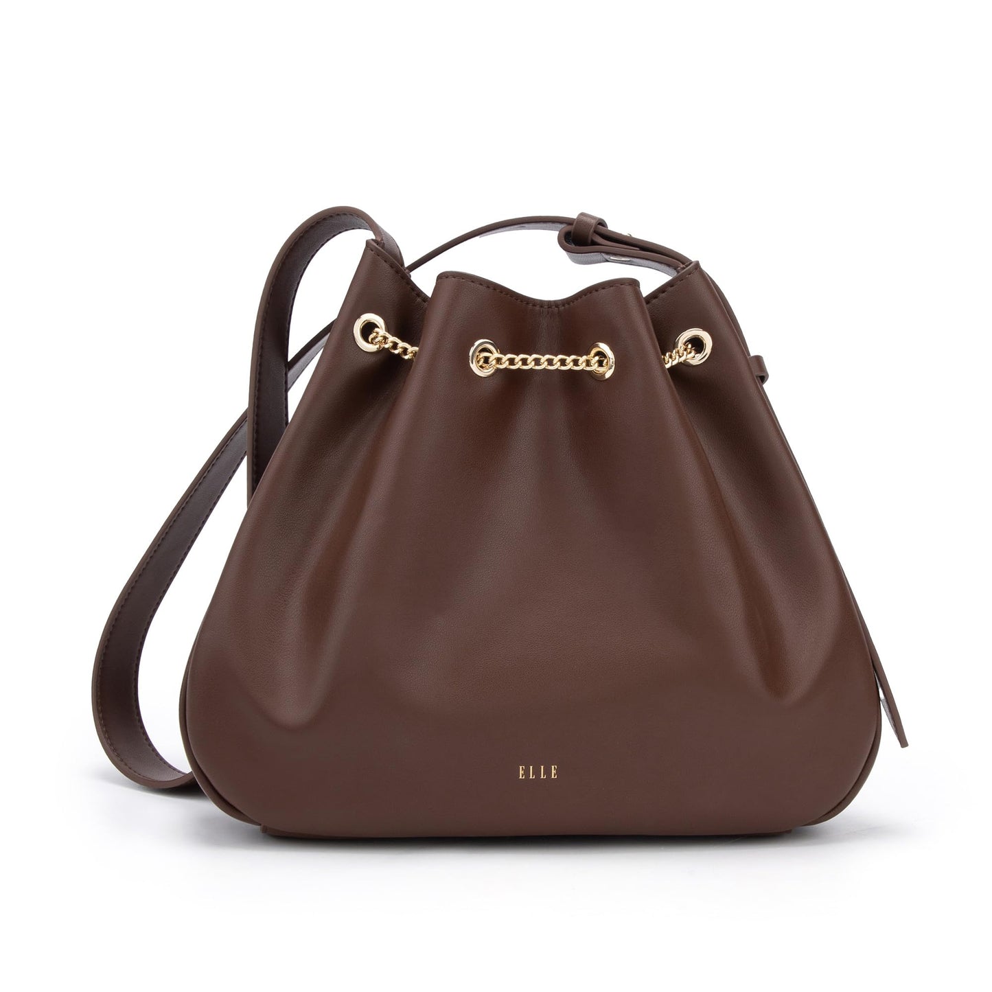 ELLE Purses for Women Genuine Leather Bucket Bag Chain Drawstring