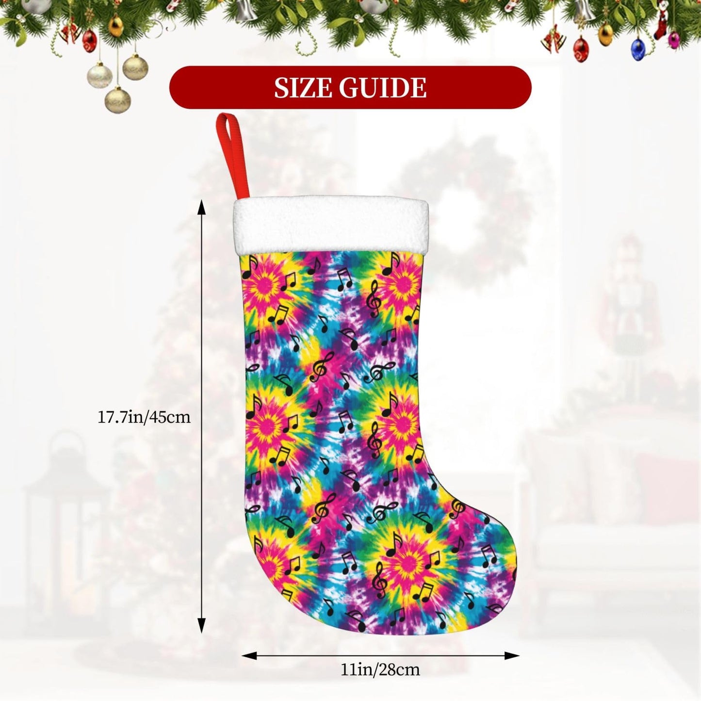 Athjunss Tie Dye Music Notes Christmas Stocking Large Xmas Holiday Party Decoration Fireplace Hanging Stocking