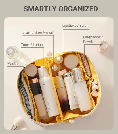 Aveniee Travel Makeup Bag for Women, Large Cosmetic Organizer with Open-Flat Design, Clear Divider & Handle - Waterproof PU Leather Toiletry Pouch