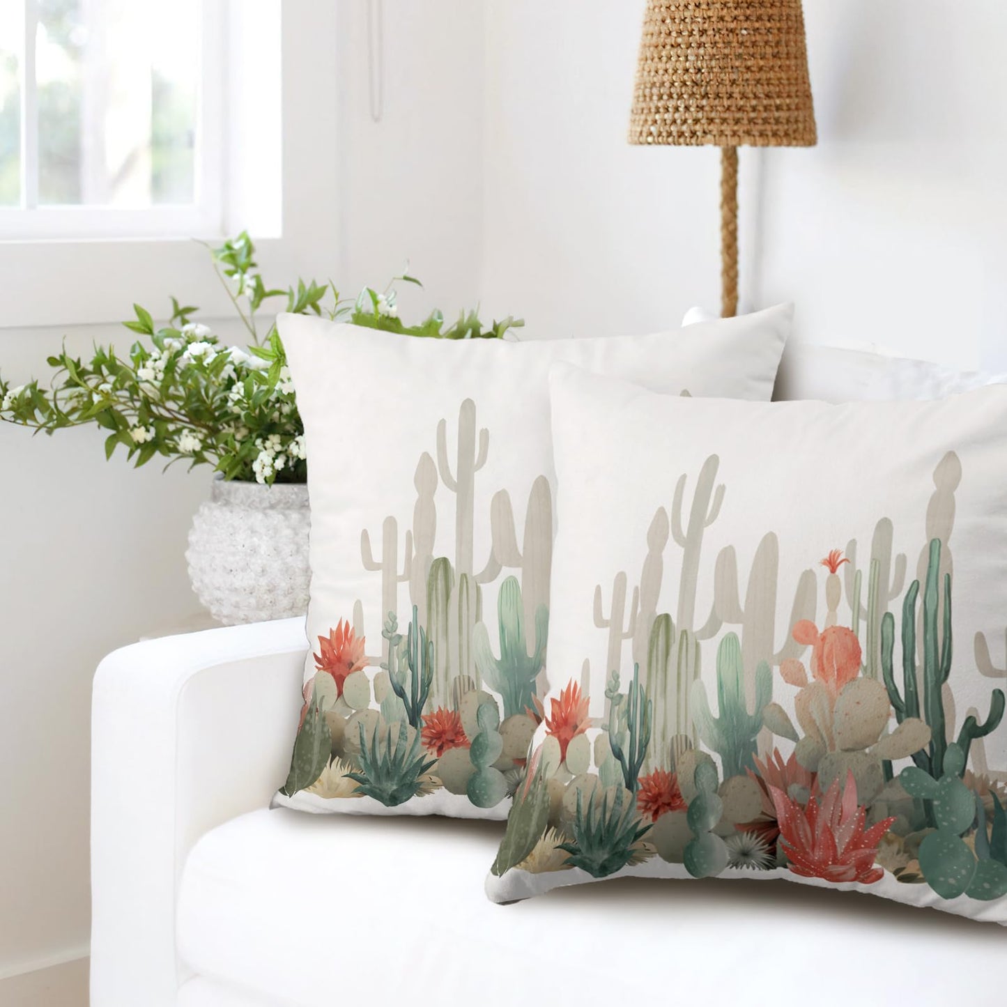 Wnoesat Cactus 16x16 Pillow Covers Set of 2 Tropical Plants Desert Green Succulent Cactus Red Flowers Pillow Case Farmhouse Spring Summer Outdoor Pillowcase for Bed Couch Sofa Living Room Decor