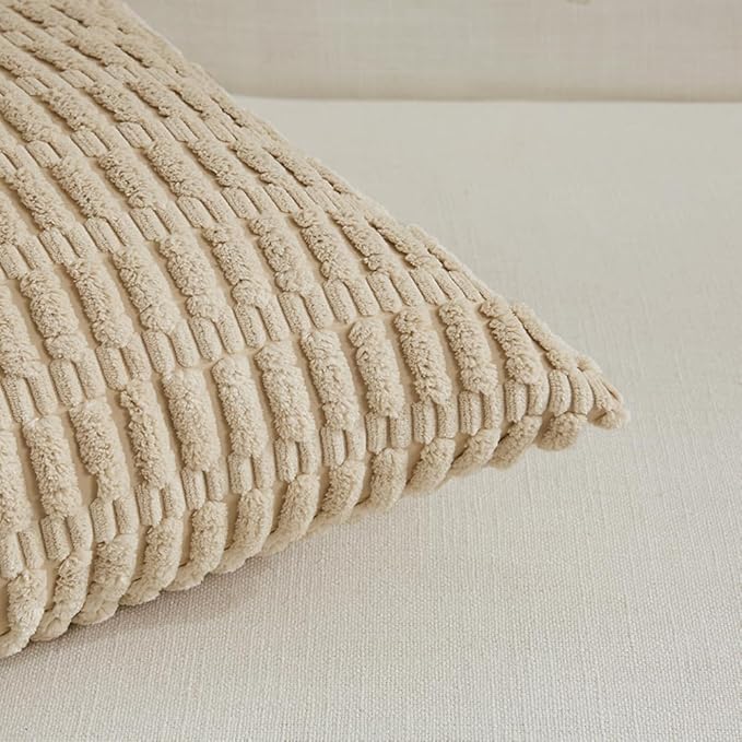 Fancy Homi Tan Lumbar Decorative Throw Pillow Covers 14x24 Inch for Living Room Couch Bed Sofa, Rustic Farmhouse Boho Home Decor, Soft Striped Corduroy Rectangle Cushion Case 35x60 cm