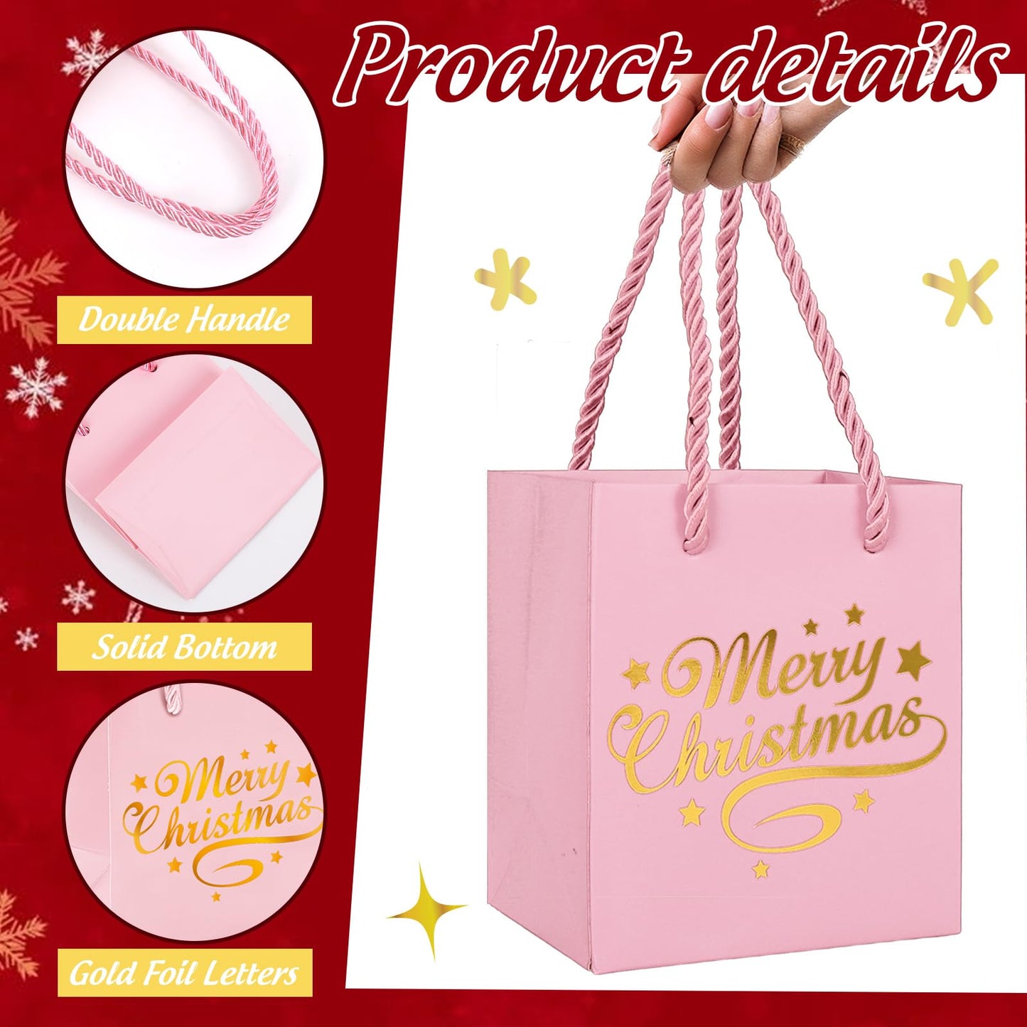 JarThenaAMCS 30Pcs Christmas Mini Gift Bags with Handle Gold Foil Pink Merry Christmas Party Favor Bags Xmas Paper Treat Bag for Holiday Wedding Baby Shower Birthday Party Supplies