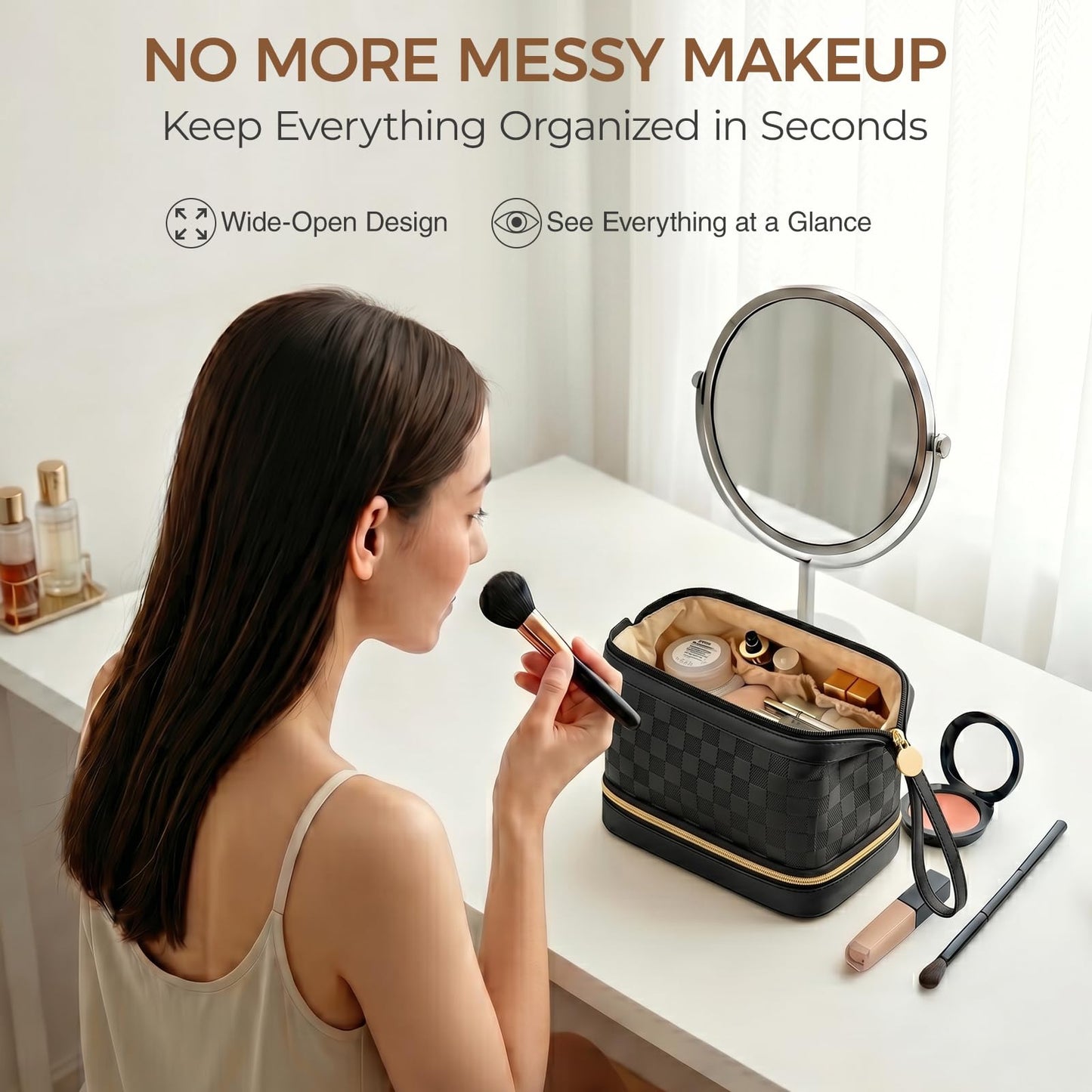 Hairao Large Makeup Bag for Women, Double Layer Travel Makeup Bag with Brush Compartment, Waterproof PU Leather Cosmetic Bag, Checkered Toiletry Bag Makeup Organizer for Skincare & Toiletries, Black