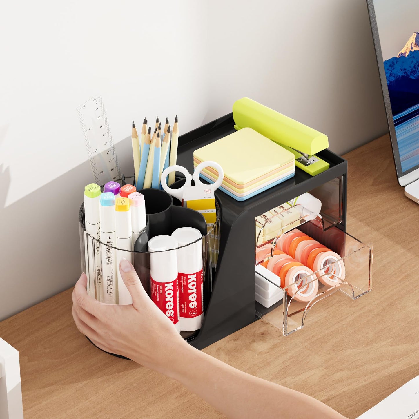 Marbrasse Desk Organizer with 2 Drawer, 360°Rotating Pen Holder, Desk Organizers and Accessories with 6 Slots Pencil Holder + 2 Drawer, Art Supply Storage Box Caddy for Office (Black)