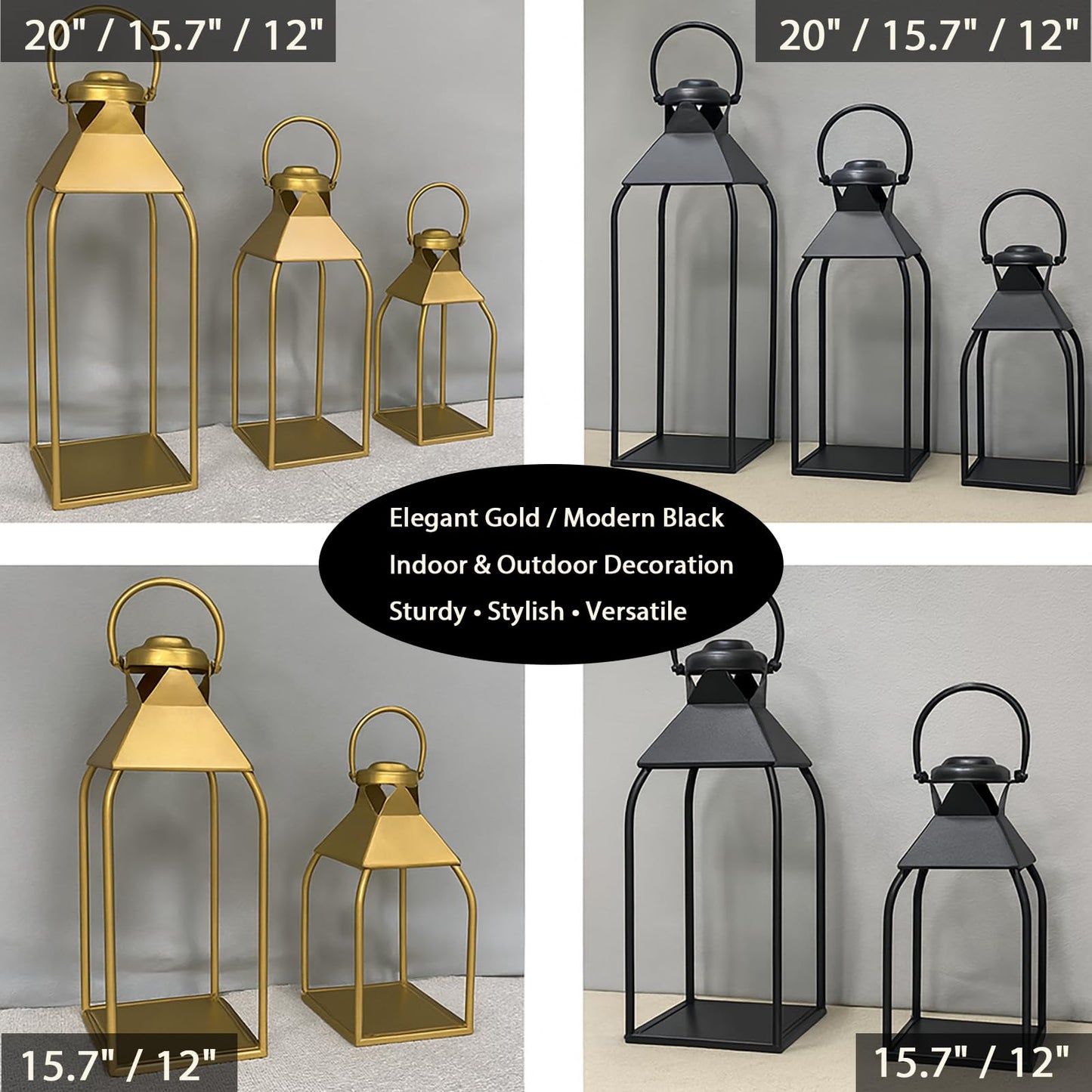 Decorative Metal Lanterns Indoor Outdoor, Candle Holder for Porch, Patio, Fireplace, Floor, Wedding, Christmas, Fall, Holiday, Farmhouse Table Centerpiece (Black, Set of 3 20" 15.7" 12")