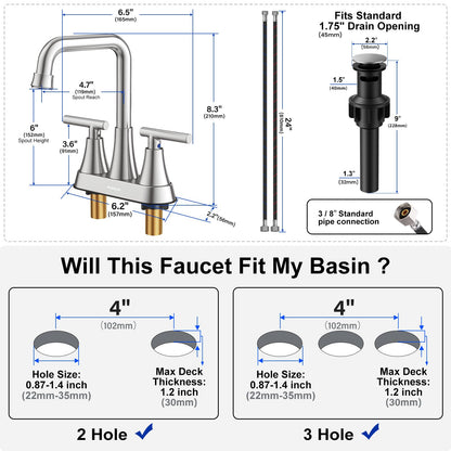 Hurran Brushed Nickel 4 inch Centerset Bathroom Faucet for Sink 2-3 Hole