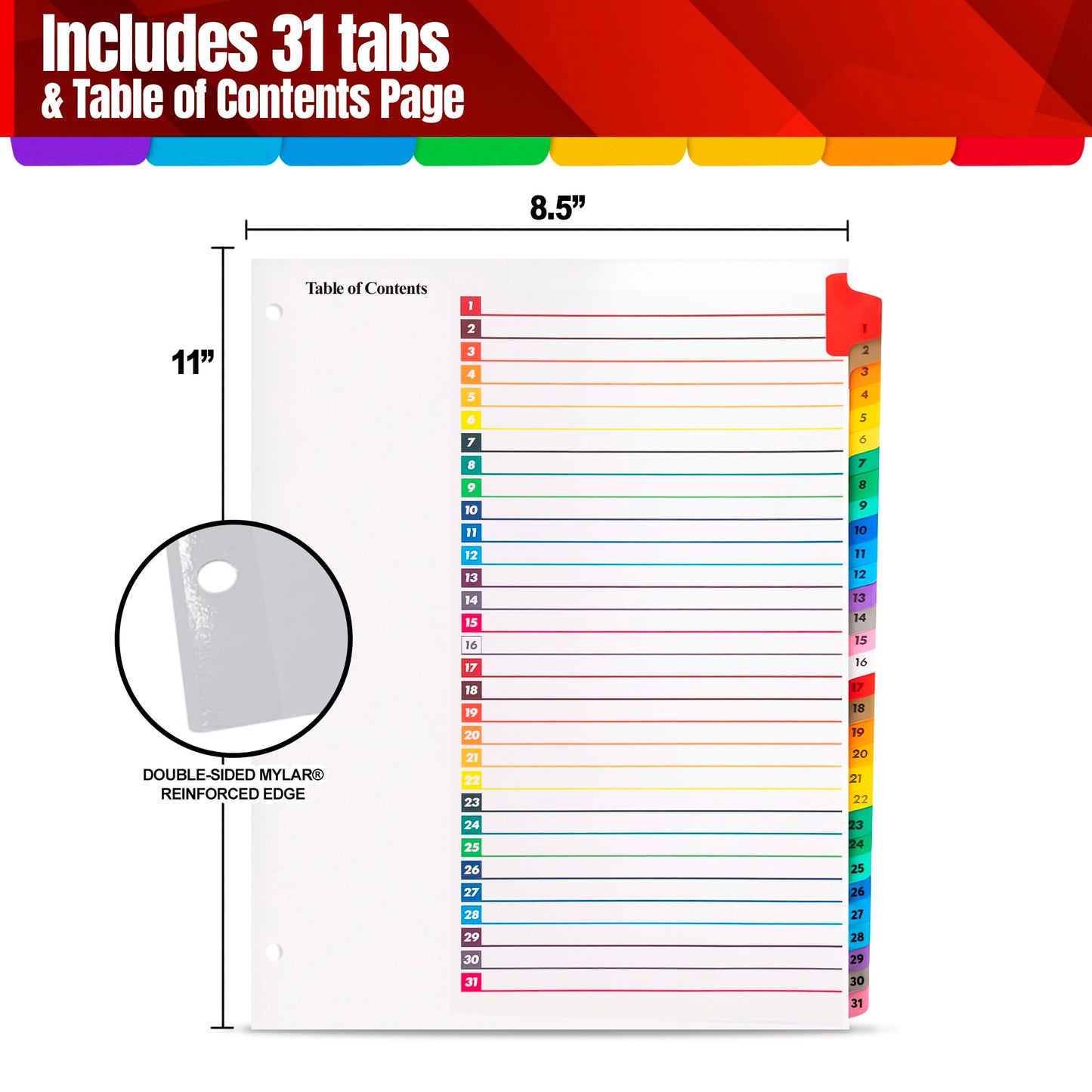 Tab Dividers for 3 Ring Binders – 6 Sets, 1–31 Numbered Index Dividers with Table of Contents – 8.5 x 11 in, 3-Hole Punched – Binder Dividers for School, Office, Filing, Organizing - 6 Pack