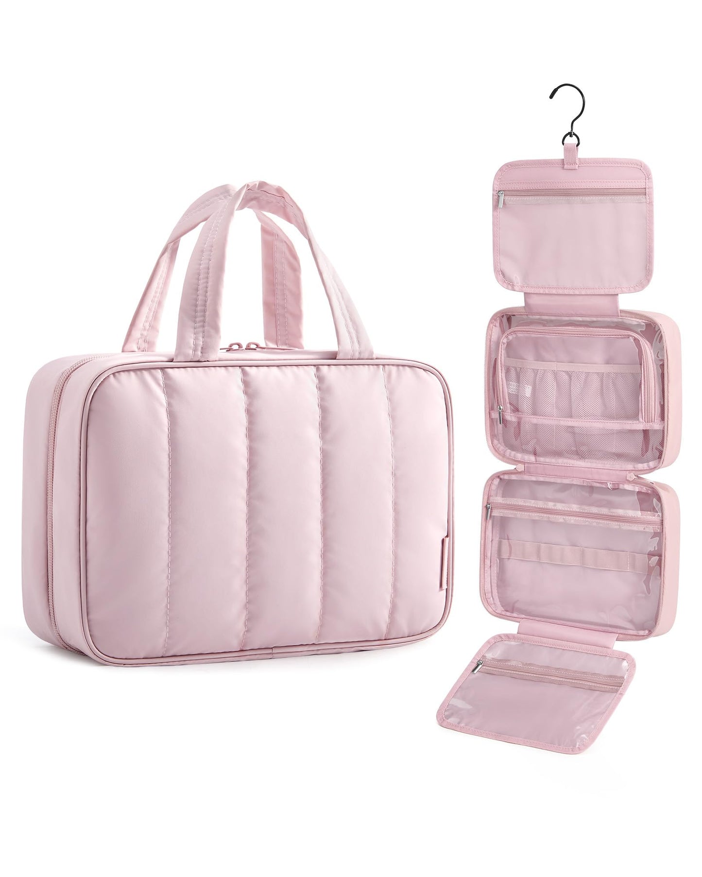 BAGSMART Travel Toiletry Bag for women, Portable Hanging Hook Makeup Bag Organizer, Waterproof Makeup Cosmetic Bag, for Full-Size Accessories, Toiletries, Pink