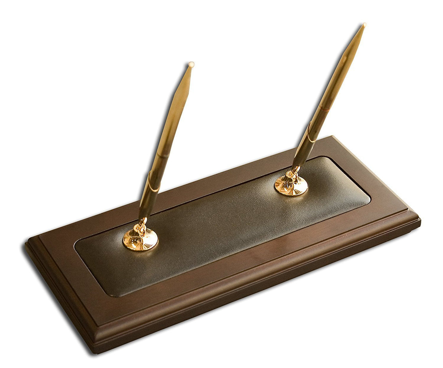 DACASSO Walnut & Leather Double Pen Holder - Luxury Pen Stand With Rolling Ball Pens - Elegant Pen Organizer & Executive Desk Decor - (3 Piece Set)
