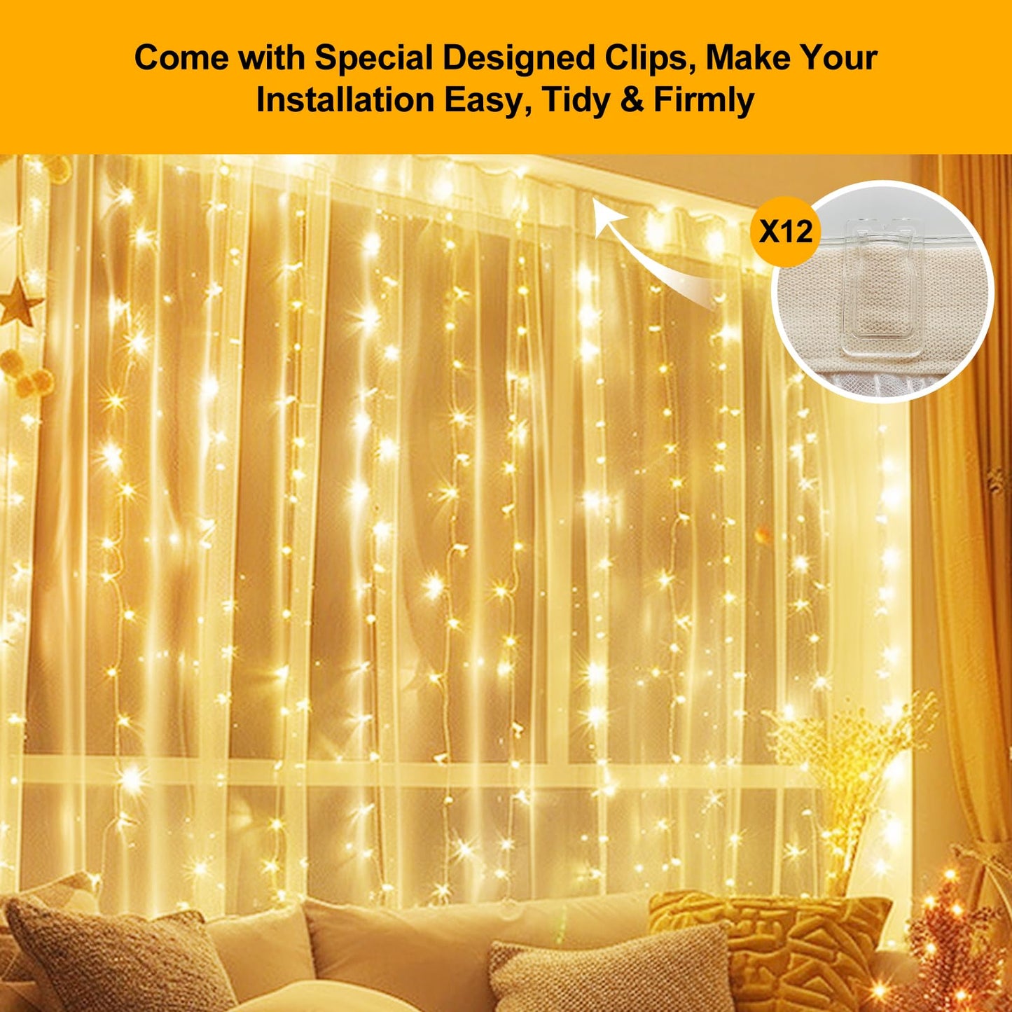 HOLITS Fairy Curtain Lights Upgraded Tangle-Free Warm White USB Plug in 8 Modes String Hanging Lights with Remote for Christmas, Bedroom, Indoor, Outdoor, Weddings, Party (6.6FTx6.6FT)