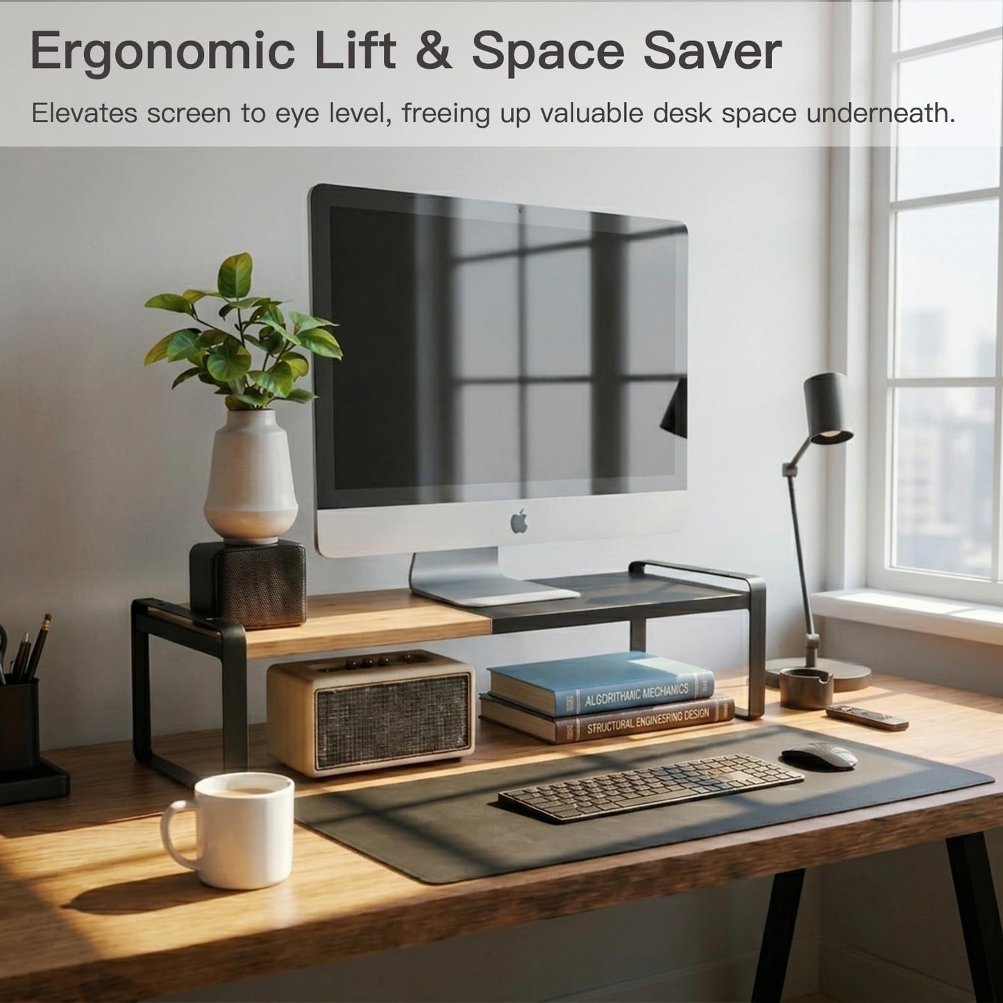 Solcasaco Expandable Desk Shelf Organizer, Sturdy Bamboo Desktop Riser for Monitor, Laptop & Office Storage, Modern Workspace Stand Accessories (Black)