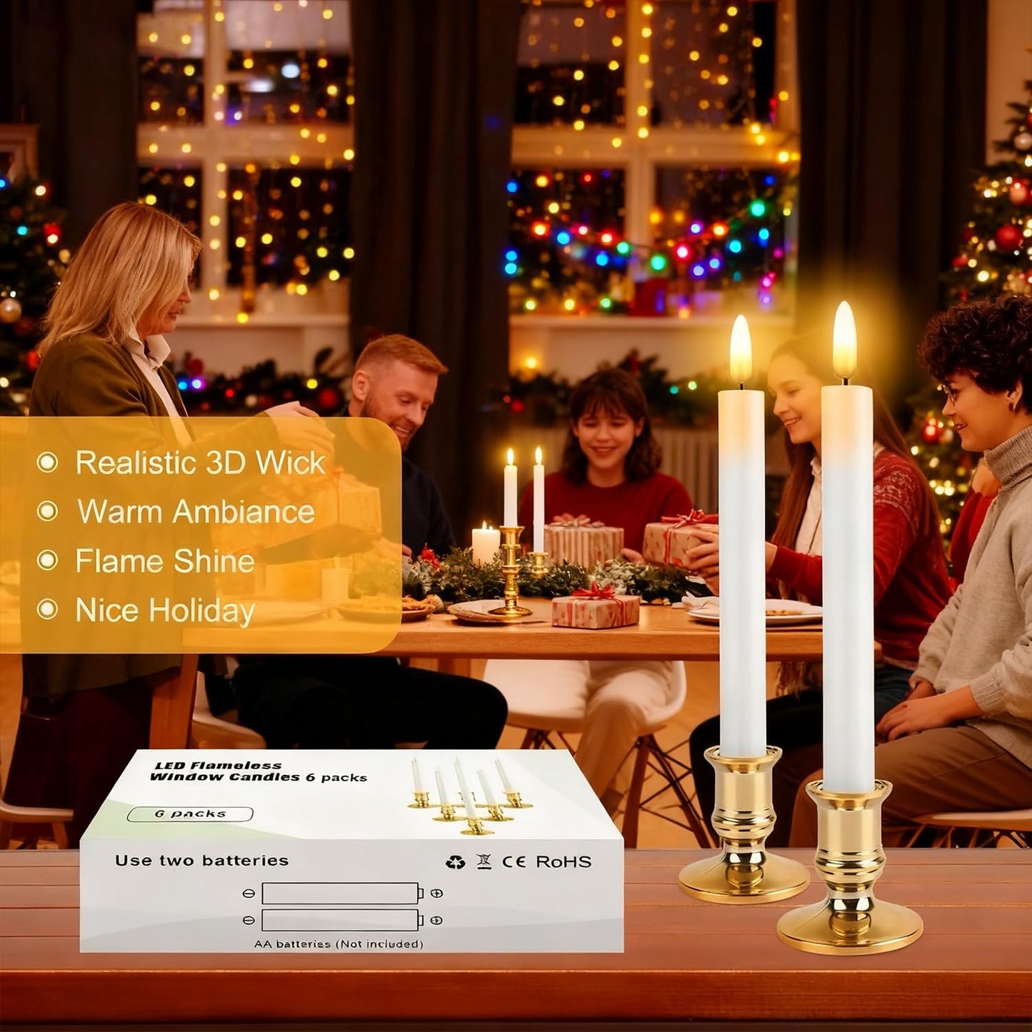 Hoisebecy Christmas Window Candles, 8 Pcs Battery Operated Flameless Taper Candles with Remote, Timer, 3D Wick, Holders & Suction Cups for Christmas, Wedding, Halloween Decor