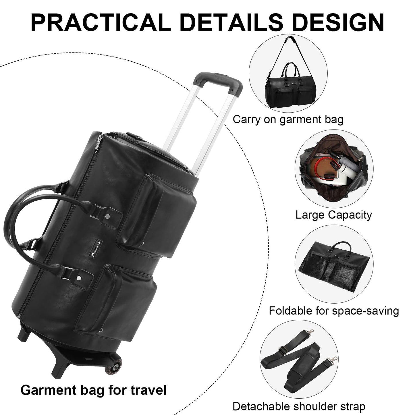 Modoker Rolling Garment Bag for Travel Wheeled Duffel Bag Luggage Suit Travel Bags for Men and Women,3 in 1 Carry on Convertible Garment Bag with Wheels,Black