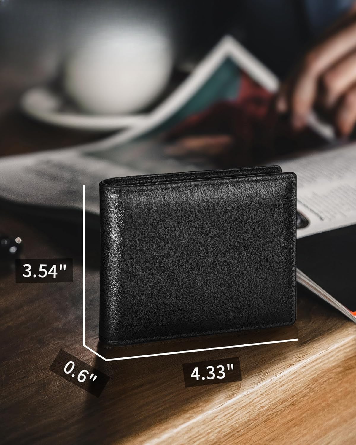 Plinvo Men's Genuine Leather Bifold Wallet RFID Blocking with 2 ID Windows 11 Card Slots 2 Cash Pockets & Gift Box (Black)