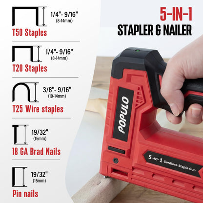 POPULO Electric Staple Gun 5 in 1 Band Nailer, 4V Rechargeable Cordless Stapler, Pin Nail Gun Battery Powered with 2,000 Staples and Nails, Power Wire Staple Gun for Home, Wood, Upholstery, DIY