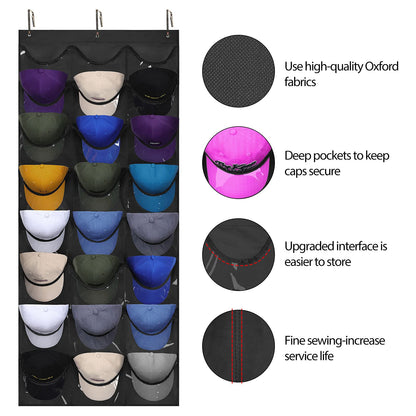 Dofilachy Hat Organizer Racks for Baseball Caps, Visible Hat Holder Rack for Wall Door with 3 Hooks, 24 Deep Pockets