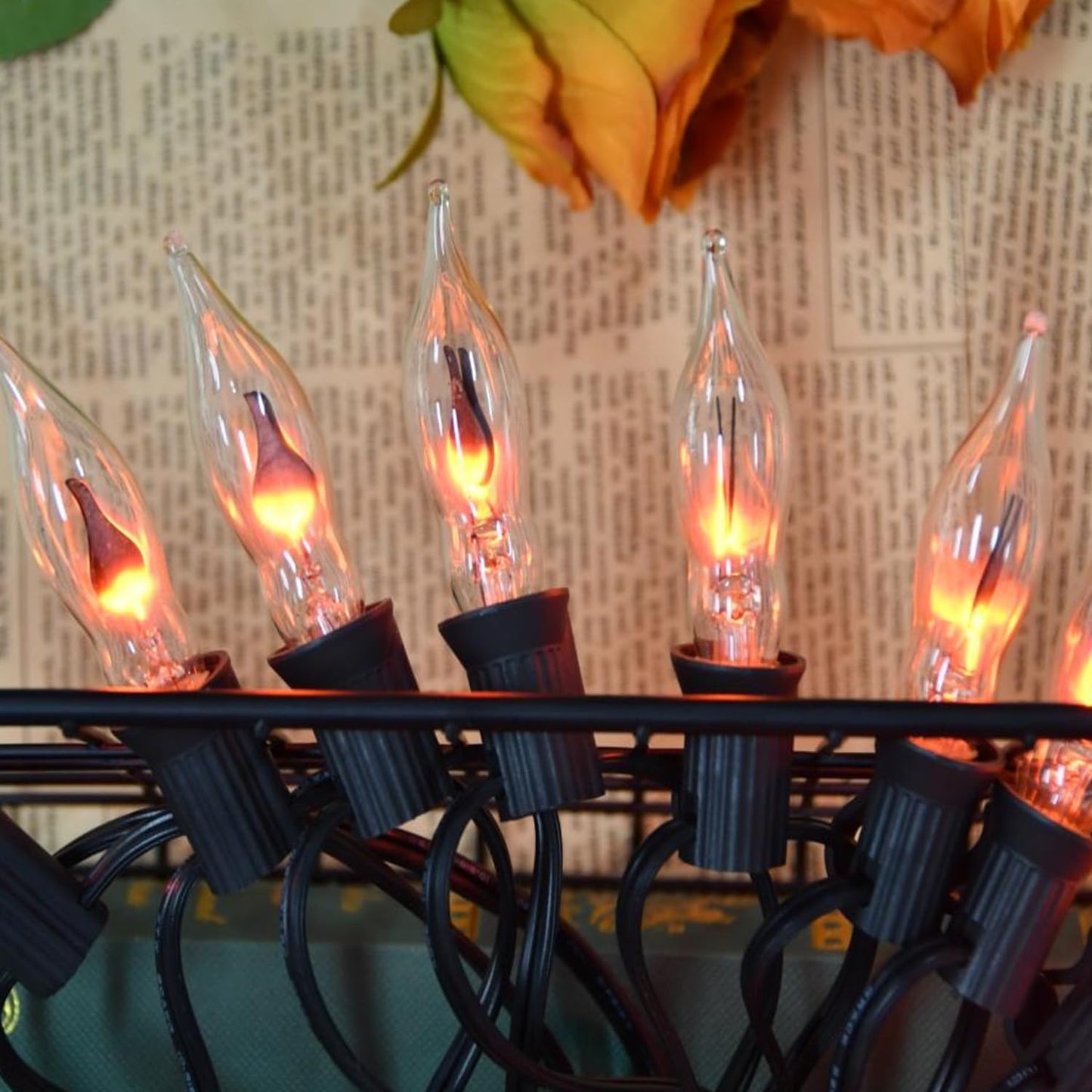 Glowzy 12.8Ft Christmas Lights Flickering Flame String Lights with 12 Pack Clear C7 Flame Light Bulbs（2 Spare）, Great for Indoor Outdoor Home Patio Party Christmas Decorations Lights, 1W, E12 Base