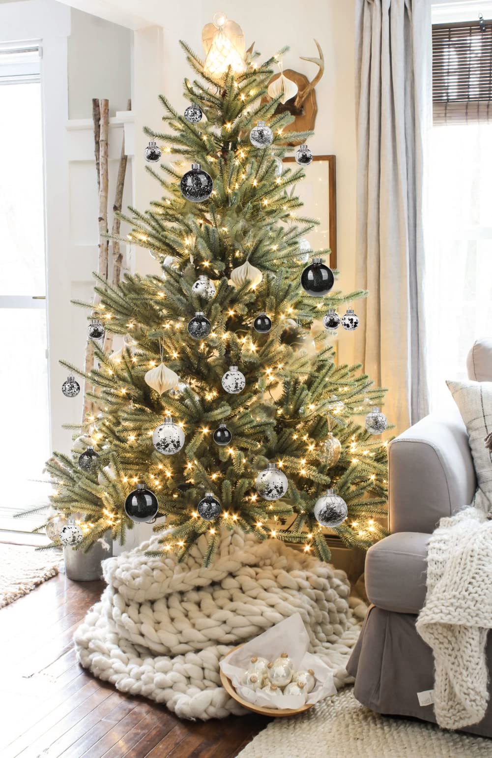 Briful 30PCS Shatterproof 2'' Halloween Tree Balls Set - Black & Clear Decorative Hanging Ornaments for Xmas Tree & Party Decoration