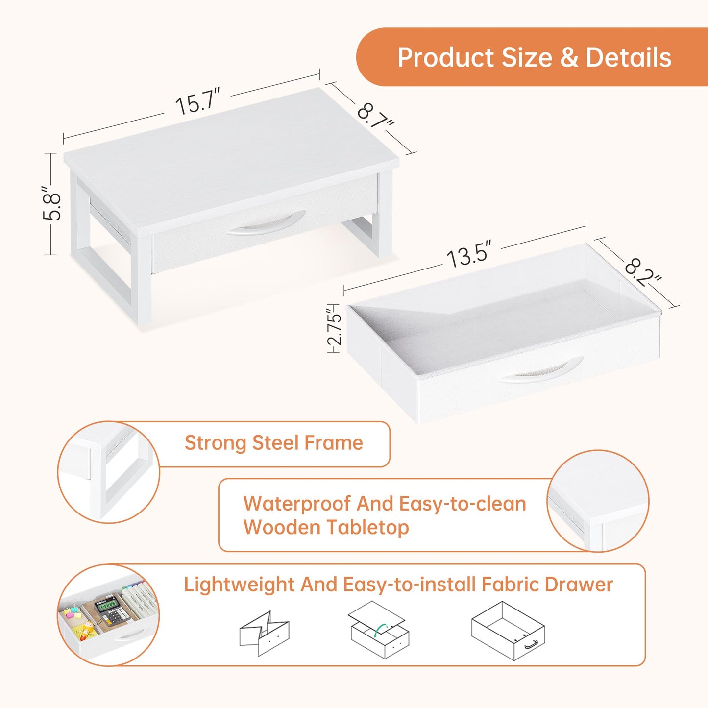 HEWORLIF Desk Organizers and Accessories, Computer Monitor Stand Riser with Drawer, White Laptop Stand for Desk with Storage, Office Organization, Wood