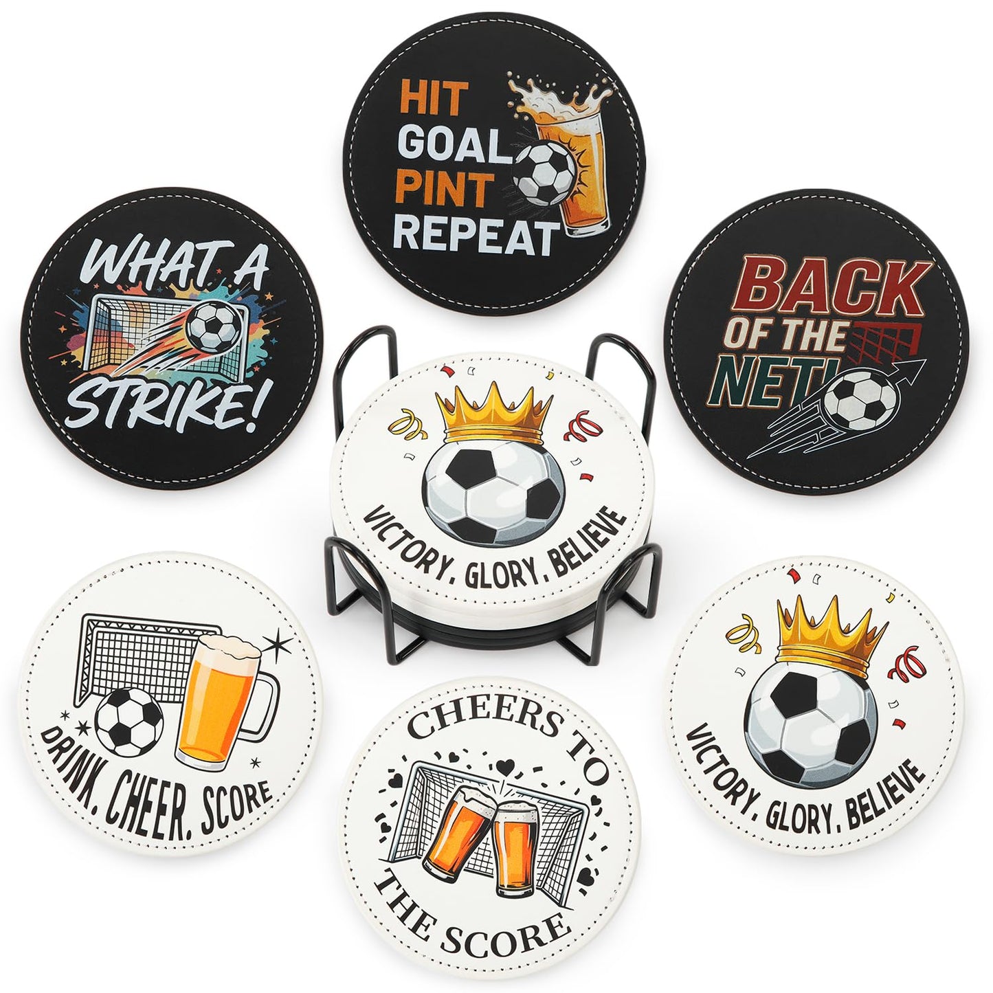 BEADJONE 6 Pack Soccer Coasters for Drinks Set, 3.9" Leather Football Coasters with Holder, Waterproof Tabletop Protection for Home Bar Watch Parties & Game Day Decor, Sports Fans Gifts