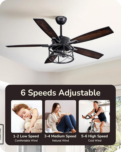 EDISHINE 52 Inch Farmhouse Ceiling Fans with Lights, Remote Control, 5 Wooden Blades, Dimmable, Timer, 6 Speeds Reversible DC Motor, Rustic Lighting & Ceiling Fan for Bedroom Living Room, UL Listed