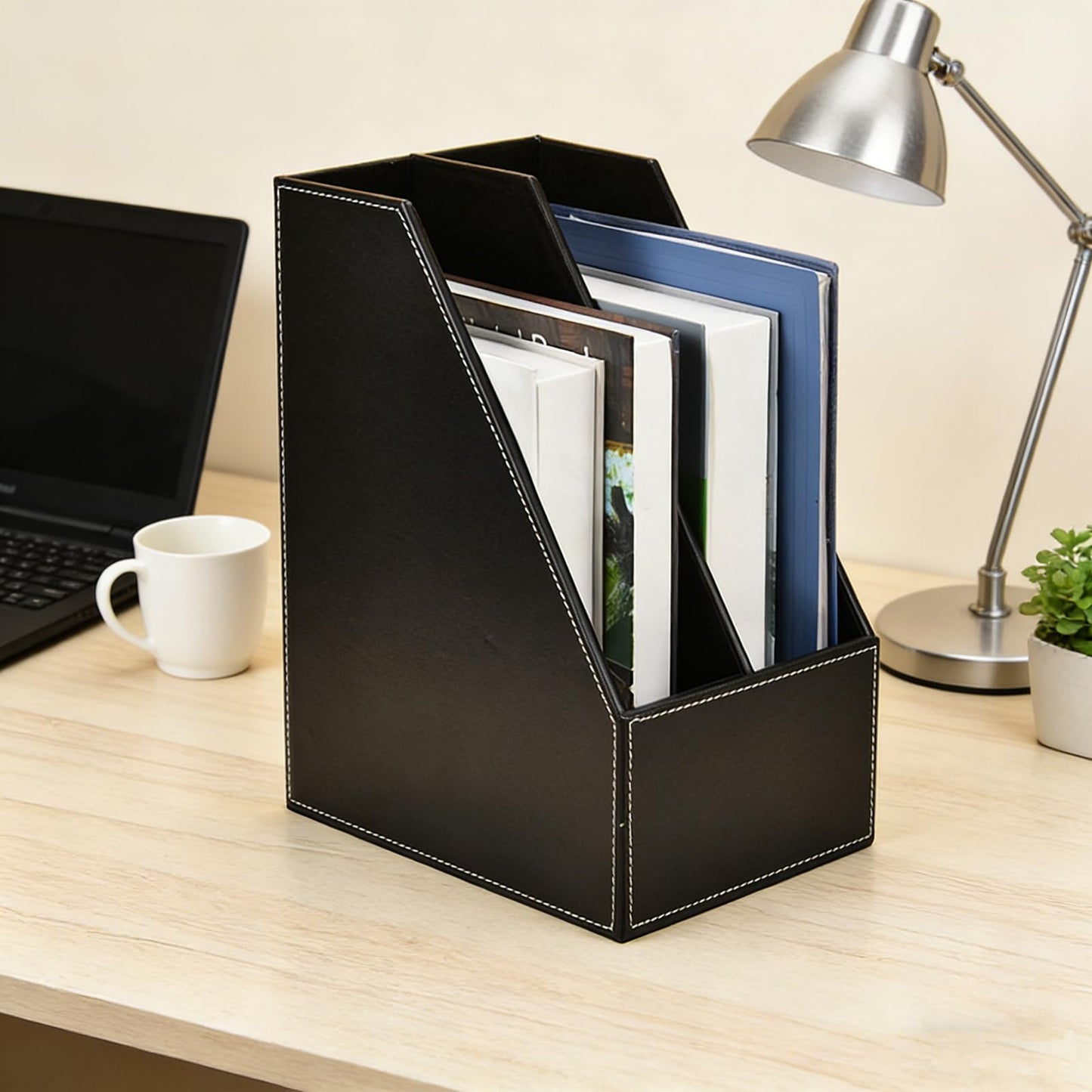 Vertical Style,Leather Magazine Holder Office Desk Organizer File Document Tray Box Bookends Book Stand (Black (2 Slot))