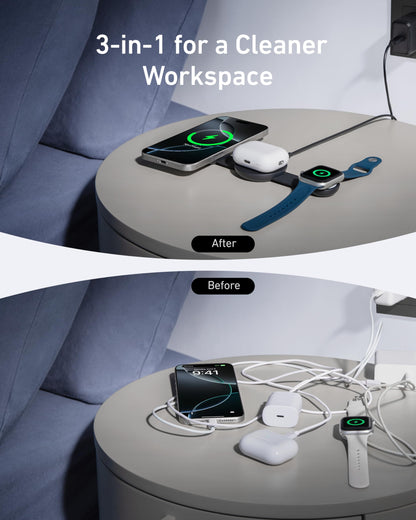 Anker MagSafe Compatible MagGo UFO 3-in-1 Charger, iPhone 17 Wireless Charging Station, 15W Qi2 Certified, Foldable Travel Charging Pad, for iPhone 17/16/15/14, AirPods, Apple Watch (Not a Power Bank)