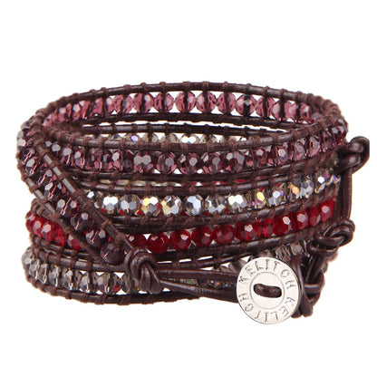 KELITCH Fashion Color Crystal Mix Beaded 5 Wrap Bracelet On Natural Leather Handmade New Women Jewelry (Red Crystal)