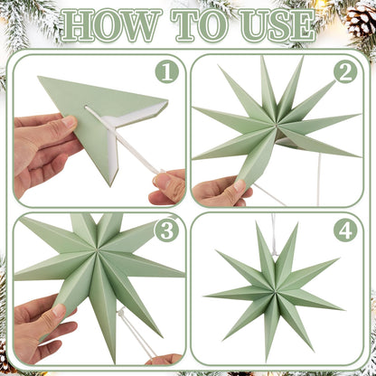 SUNBEAUTY Sage Green 9-Pointed 12 Inch Paper Star Lanterns Christmas Hanging Lamp Paper Decorations Shade Wedding Birthday Christmas Home Party Decorations