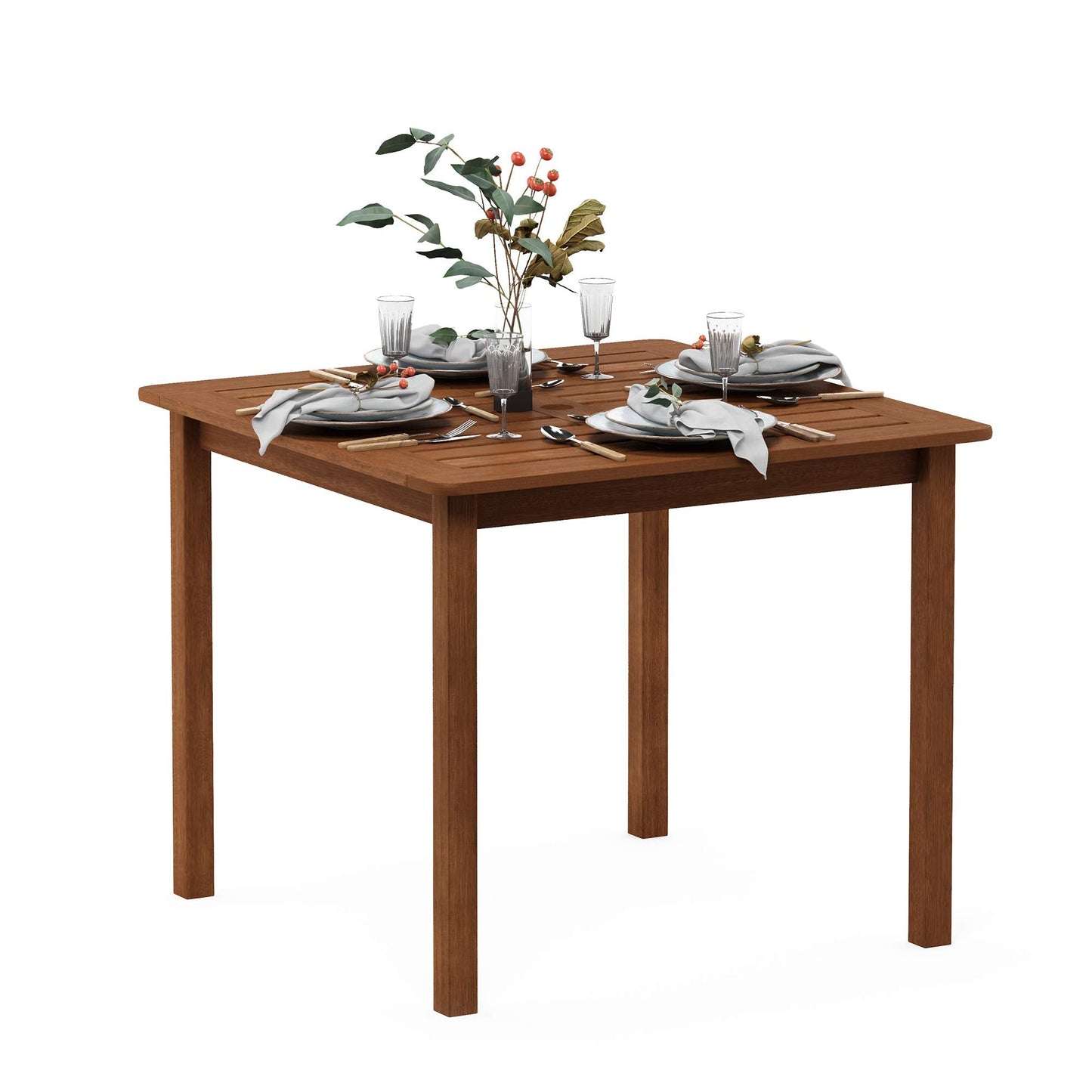 Furinno FG18006 Tioman Hardwood Patio Furniture Square Table with Umbrella Hole, Natural, 35.4"D x 35.4"W x 29.2"H
