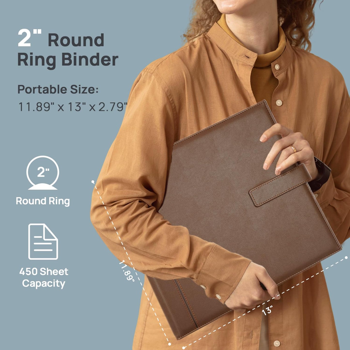 POPRUN PU Leather 2 Inch 3 Ring Binder, Professional Business Organizer- Includes PP Dividers, 100GSM / Grade AA Filler Papers, Card &Sticker for Tab- Ideal for Office Presentation Meetings, Brown